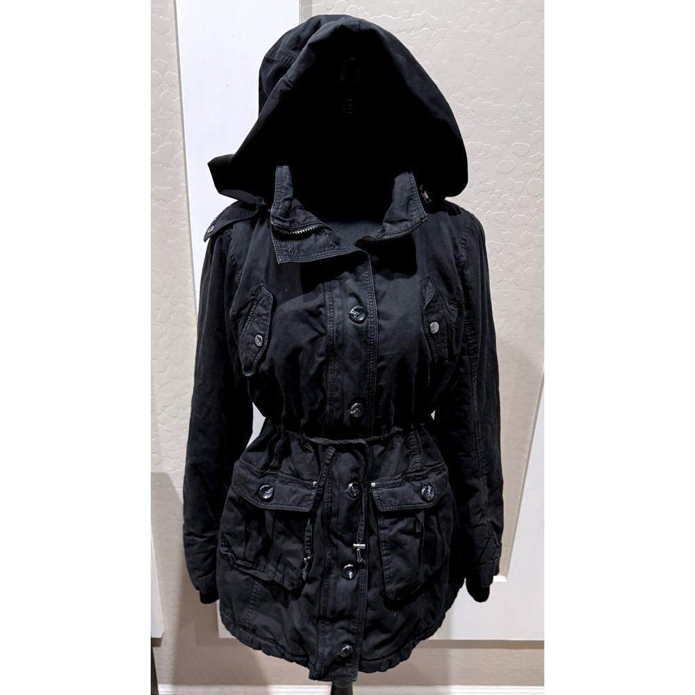 Bebe Womens Black Utility Parka Jacket Removable Hood Quilted Lining Medium